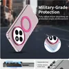 A pink phone case with a magnetic ring and camera protection is shown on a blurred background of a street. Produktbild-Vorschau