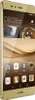 A gold Huawei P9 smartphone is shown from a side angle, displaying its screen with various app icons and the time. Produktbild-Vorschau