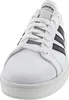 A close-up, front-facing view of a white Adidas sneaker with black stripes. Produktbild-Vorschau