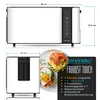 A toaster with dimensions and features listed, alongside a prepared breakfast. Anteprima dell’immagine prodotto