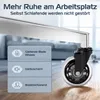 A close-up of a chair caster wheel with marketing text and icons on the left. Produktbild-Vorschau
