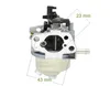 A carburetor for a lawnmower is shown with dimensions indicated. Produktbild-Vorschau