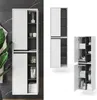 A collage of images showing a tall, narrow bathroom cabinet with white doors and an anthracite interior. One image shows the cabinet in a bathroom setting with a plant, while others show the cabinet from different angles and with doors open. Náhled obrázku produktu