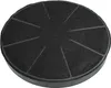 A single, black, circular charcoal filter for a range hood, viewed from a slightly elevated angle. Produktbild-Vorschau