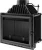 A black cast iron fireplace insert with a glass door and a chimney flue. Produktbild-Vorschau