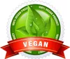 A circular green badge with leaves and a red ribbon with the word VEGAN. Produktbild-Vorschau