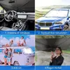 Vierteilige Collage, die einen schwarzen Regenschirm-Sonnenschutz in Gebrauch zeigt: im Auto, an der Windschutzscheibe eines blauen Autos, an einem Van und als Regenschirm Voir les images du produit