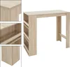A light brown bar table with a built-in shelf unit is shown against a white background. Close-up views of the table's edge and shelf details are also included. Náhled obrázku produktu