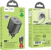 The image shows the packaging for a Hoco N42 Dual USB-C fast charger set. The packaging is split into two boxes, one showing a close-up of the charger and the other showing it plugged into a wall socket and charging a phone. Produktbild-Vorschau