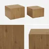 A collage of images showing two square wooden coffee tables and close-ups of the wood grain. Produktbild-Vorschau