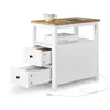 A white nightstand with two drawers, a wooden top, and a tablet and cup on top. Náhled obrázku produktu