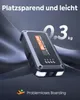 A jump starter power bank is shown on a dark, draped fabric background, with text overlays highlighting its features. Produktbild-Vorschau