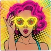 A stylized, pop-art illustration of a woman wearing large yellow sunglasses with the word "WOW" inside them. She has bright pink hair and is looking through her sunglasses. Voir les images du produit