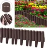 A collage of images showing brown garden border edging, with a close-up of the top and how two pieces connect, and a larger image of the edging installed in a garden with flowers. Náhled obrázku produktu