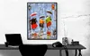 A painting of people with umbrellas in the rain, displayed on a wall above a desk with a laptop and camera. Produktbild-Vorschau