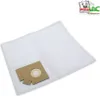 A white vacuum cleaner bag with a cardboard adapter is shown on a white background. A logo is in the top right corner. Produktbild-Vorschau