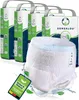 A product shot of multiple packs of adult diapers with one diaper prominently displayed in the foreground, surrounded by water splashes and leaves. Produktbild-Vorschau
