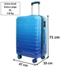 A blue ombre suitcase is shown standing upright on a white background. Dimensions and size information are overlaid on the image. Produktbild-Vorschau