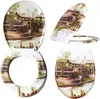 A collage of toilet seat and lid images with a scenic nature print. Produktbild-Vorschau