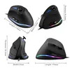 Multiple views of a black vertical gaming mouse with RGB lighting, including dimensions. Produktbild-Vorschau
