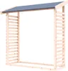A wooden firewood storage rack with a gray roof, shown against a white background. Produktbild-Vorschau