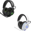 Two gaming headsets, one black with green accents and one white with blue accents, are displayed against a white background. Produktbild-Vorschau