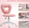 A collage of images showing a pink heart-shaped teddy fleece office chair from different angles and in different settings. Produktbild-Vorschau