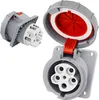 Two industrial electrical connectors are shown against a white background. One is a socket with its cover open, revealing the five-pin connection. The other is a plug, shown from the side, with its connection terminals visible. Produktbild-Vorschau