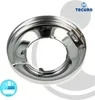 A close-up studio shot of a chrome-plated hinge rosette on a white and light gray background. Produktbild-Vorschau