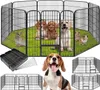 A collage of images showing a black metal pet playpen with various animals inside, including puppies, a rabbit, and a guinea pig. Also shown are accessories like a plastic tray and stakes, and a separate image of a beagle dog. Produktbild-Vorschau
