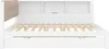 A white bed frame with a tufted beige headboard, shown from the front with the mattress support slats visible. Produktbild-Vorschau