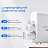 A white water filter system with labels indicating filter types and their lifespan/capacity. Voir les images du produit
