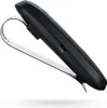 A close-up side view of a black Bluetooth hands-free device with a white clip. Voir les images du produit
