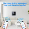 A living room scene with a smart thermostat on the wall and two smartphones displaying a thermostat app, connected by Wi-Fi signals. Produktbild-Vorschau