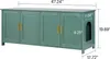 A green wooden cabinet with gold handles and a cut-out entrance for a cat, with dimensions indicated by white text and lines. Produktbild-Vorschau