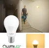 A collage of images showing a person walking down stairs in a hallway, a close-up of an LED light bulb, and a close-up of a lit LED light bulb. Produktbild-Vorschau