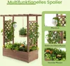 A wooden planter box with a trellis structure, featuring various plants and hanging baskets. Produktbild-Vorschau