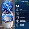A toilet seat and lid with a dolphin and underwater scene design, displayed on a toilet. To the right, marketing text and icons describe product features. Produktbild-Vorschau
