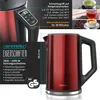 A red electric kettle with a digital display and control panel, alongside a diagram showing its dimensions and features, and images of different beverages. Produktbild-Vorschau