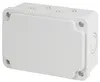 A white, rectangular electrical junction box with a lid secured by screws. Produktbild-Vorschau