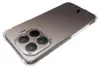 A clear phone case with a frosted back is shown from a diagonal angle, highlighting the camera module. Produktbild-Vorschau