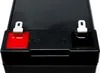 A close-up view of the top of a black battery with red and black terminals. Produktbild-Vorschau