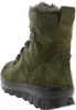 A rear view of a green suede boot with fur trim and laces. Produktbild-Vorschau