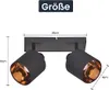 A product image showing a black ceiling light with two adjustable spotlights, with dimensions indicated. Voir les images du produit