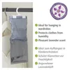 A hanging dehumidifier with lavender scent is shown in a closet next to clothing. Náhled obrázku produktu