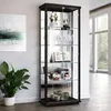 A tall, black glass display cabinet filled with various items, including trophies, wine glasses, books, and decorative objects, is shown in a well-lit room with a large window in the background. Podgląd zdjęcia produktu