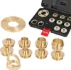 A set of brass router template bushing guides and a flange are laid out on a white background. Some of the guides are inside a black carrying case. Produktbild-Vorschau