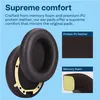 Close-up of two brown ear pads for headphones, with insets showing the texture of protein PU leather and memory foam. Produktbild-Vorschau