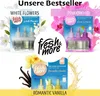 A collage of three different "Fresh & More" air freshener refill packs with floral and vanilla scents. Produktbild-Vorschau