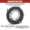 A coiled metal spring, likely a drain cleaning auger, is displayed on a white background with descriptive text. Produktbild-Vorschau